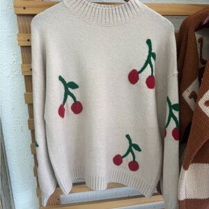 Cream Cherry-Print Women's Sweater